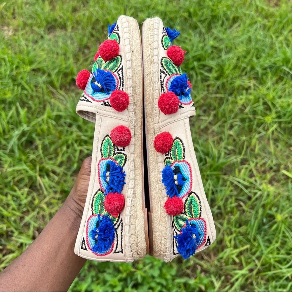 Tory Burch Ellis Pom Pom Embroidered Espadrille Flats Leather Textile Shoes 7.5 - Picture 6 of 11